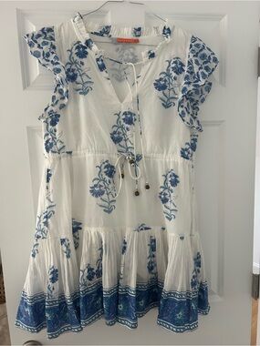 White & Blue Floral Tiered Oliphant Dress
